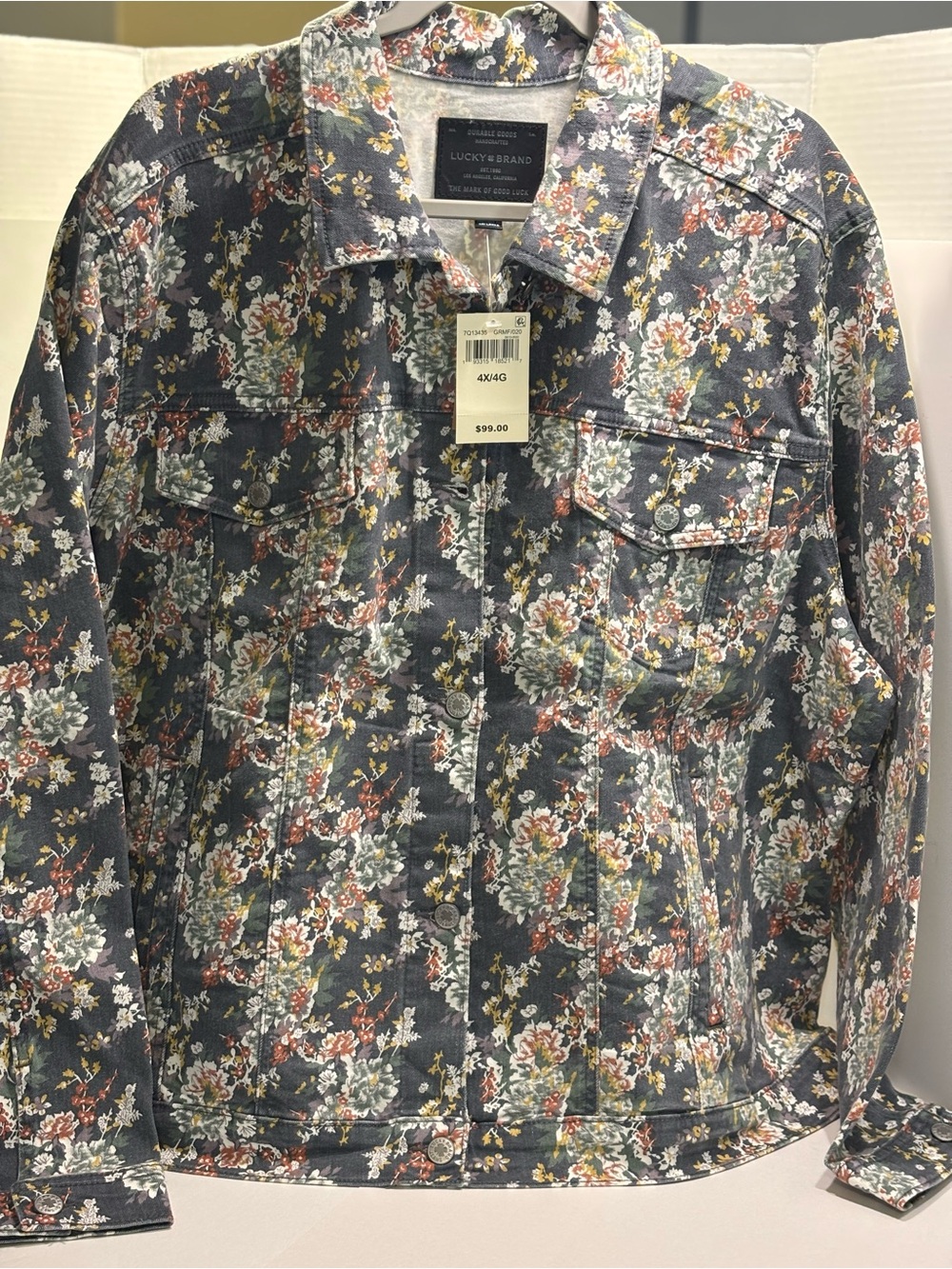 NWT WMS Lucky Brand Denim Grey Floral Jacket 4X Long Sleeve Button Up Casual